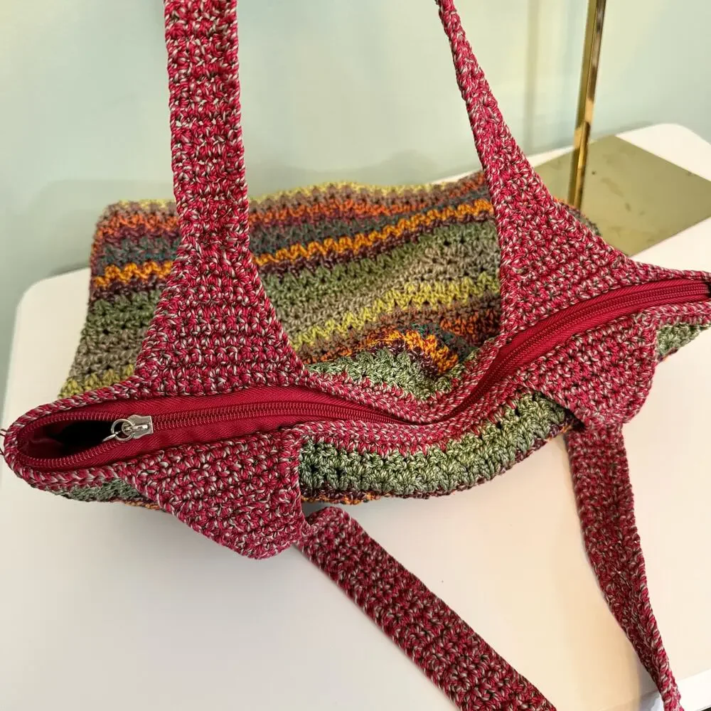THE SAK Shoulder Bag Women Travel Tote Hobo Crochet Striped Shopper Beach Casual